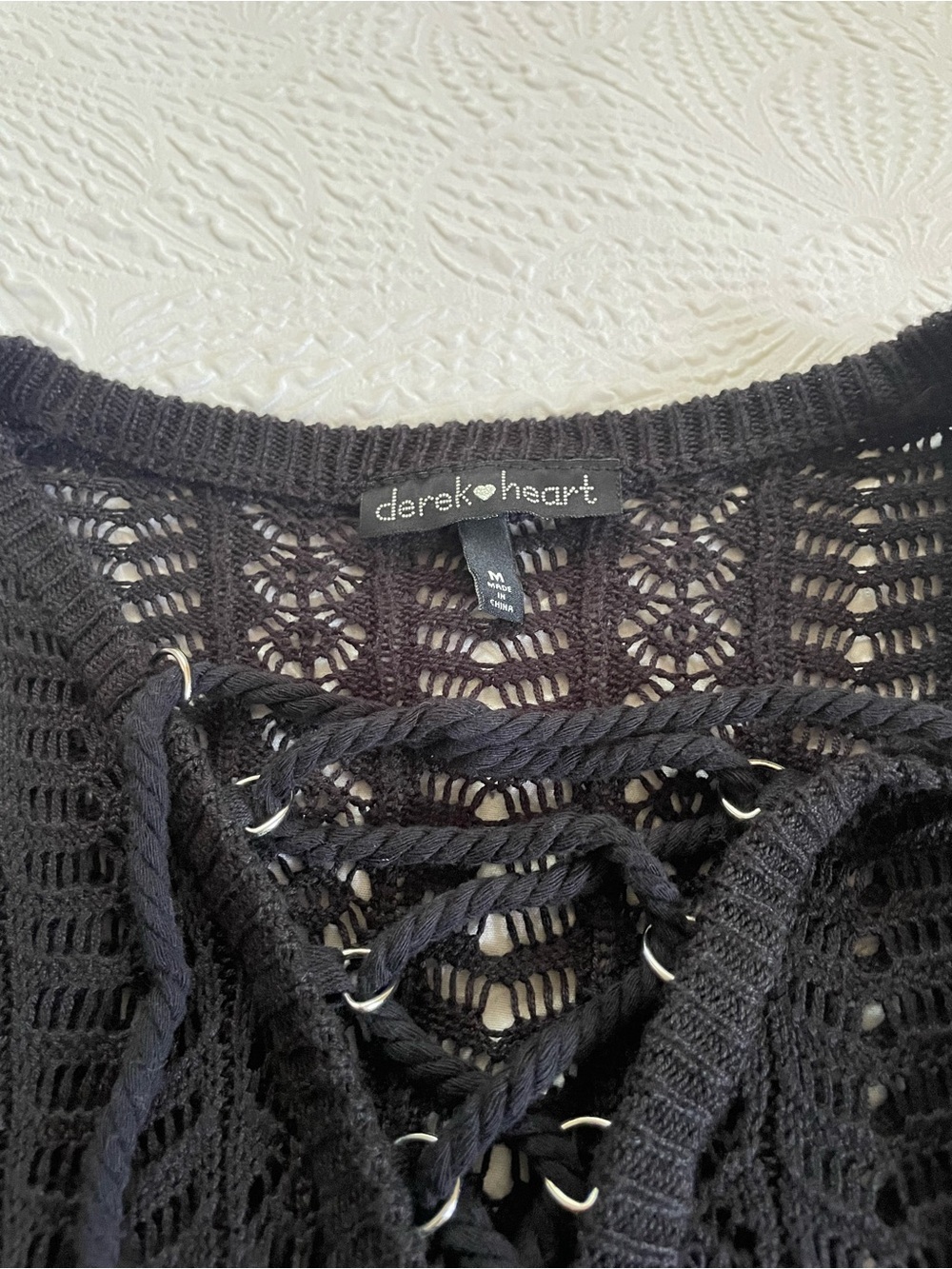 Black Knit Mesh Coverup Crochet Lace-Up V-Neck Sweater - Picture 3 of 4